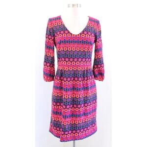 Trina Turk Pink Colorful Embroidered Crochet Look V Neck Sheath Dress Size 4